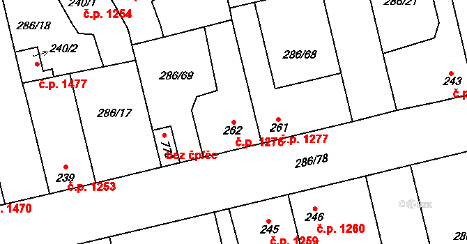 Švermov 1276, Kladno na parcele st. 262 v KÚ Hnidousy, Katastrální mapa
