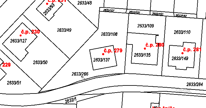 Dačice III 279, Dačice na parcele st. 2633/137 v KÚ Dačice, Katastrální mapa