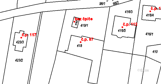 Mladkov 87, Boskovice na parcele st. 418 v KÚ Mladkov u Boskovic, Katastrální mapa