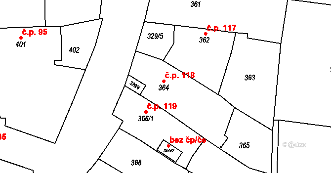 Kosmonosy 118 na parcele st. 364 v KÚ Kosmonosy, Katastrální mapa