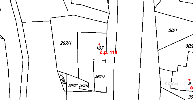 Lezník 114, Polička na parcele st. 107 v KÚ Lezník, Katastrální mapa