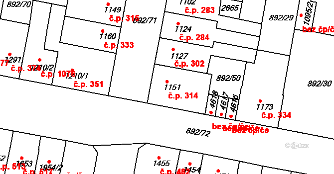 Horka-Domky 314, Třebíč na parcele st. 1151 v KÚ Třebíč, Katastrální mapa