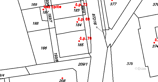 Čekanice 70, Tábor na parcele st. 185 v KÚ Čekanice u Tábora, Katastrální mapa