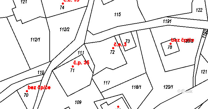 Horská Kamenice 3, Železný Brod na parcele st. 72 v KÚ Horská Kamenice, Katastrální mapa