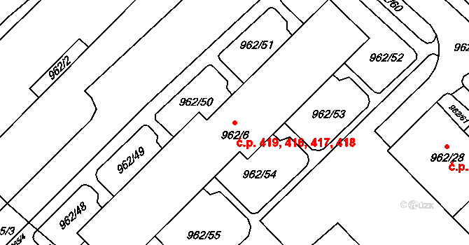 Frýdek 416,417,418,419, Frýdek-Místek na parcele st. 962/6 v KÚ Frýdek, Katastrální mapa