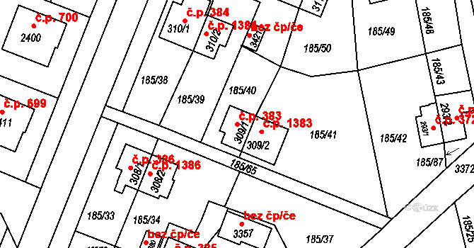 Sezimovo Ústí 383 na parcele st. 309/1 v KÚ Sezimovo Ústí, Katastrální mapa