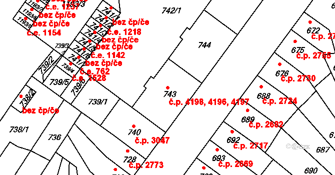 Chomutov 4196,4197,4198 na parcele st. 743 v KÚ Chomutov II, Katastrální mapa