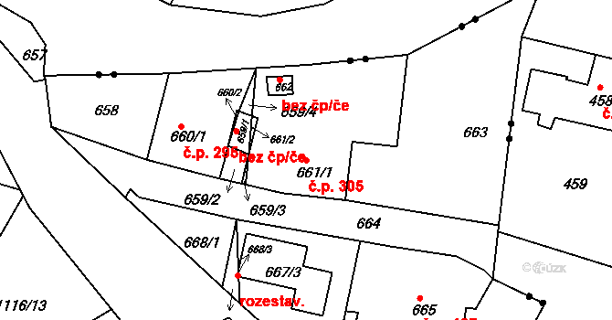 Liberec XXV-Vesec 305, Liberec na parcele st. 661/1 v KÚ Vesec u Liberce, Katastrální mapa