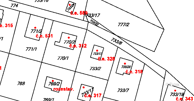 Horákov 328, Mokrá-Horákov na parcele st. 733/13 v KÚ Horákov, Katastrální mapa