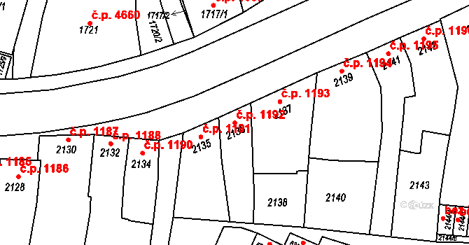 Prostějov 1192 na parcele st. 2136 v KÚ Prostějov, Katastrální mapa