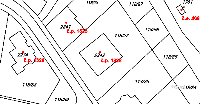 Uničov 1328 na parcele st. 2342 v KÚ Uničov, Katastrální mapa