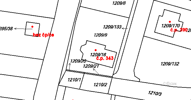 Opatovice 343 na parcele st. 1209/16 v KÚ Opatovice u Rajhradu, Katastrální mapa
