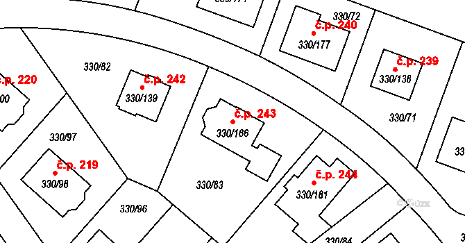 Hlušovice 243 na parcele st. 330/166 v KÚ Hlušovice, Katastrální mapa