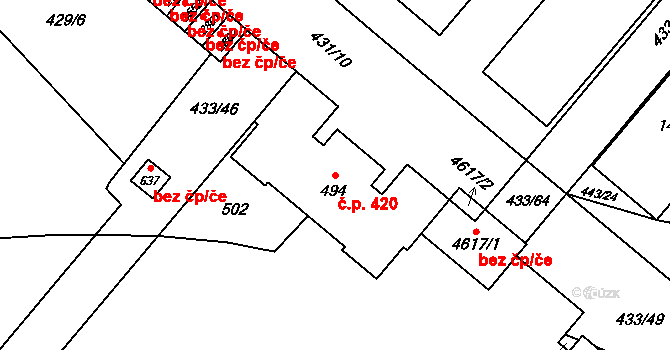 Hulváky 420, Ostrava na parcele st. 494 v KÚ Zábřeh-Hulváky, Katastrální mapa