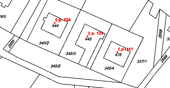 Melč 124 na parcele st. 445 v KÚ Melč, Katastrální mapa