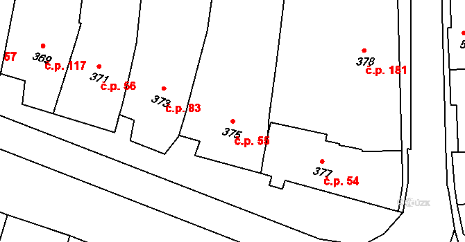 Kobeřice u Brna 55 na parcele st. 375 v KÚ Kobeřice u Brna, Katastrální mapa