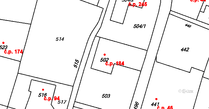 Těškovice 184 na parcele st. 502 v KÚ Těškovice, Katastrální mapa