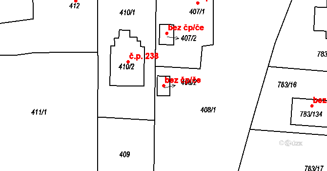 Zruč-Senec 45804290 na parcele st. 408/2 v KÚ Senec u Plzně, Katastrální mapa