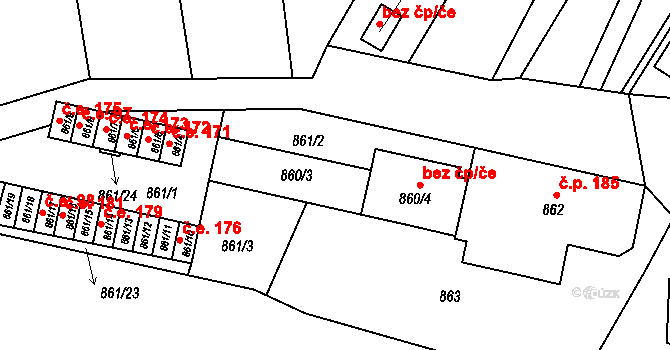 Střelice 46035290 na parcele st. 860 v KÚ Střelice u Brna, Katastrální mapa