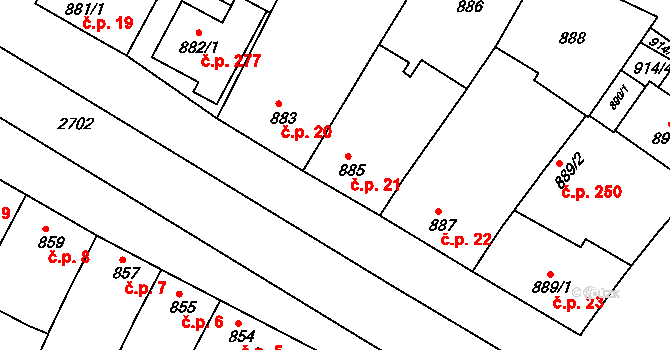Bučovice 21 na parcele st. 885 v KÚ Bučovice, Katastrální mapa