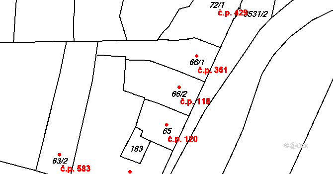 Lysice 118 na parcele st. 66/2 v KÚ Lysice, Katastrální mapa