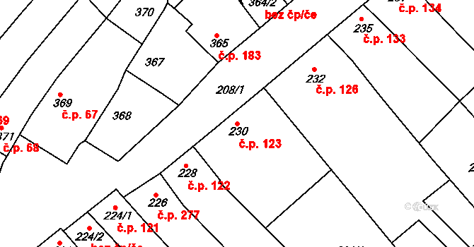 Hrušky 123 na parcele st. 230 v KÚ Hrušky, Katastrální mapa
