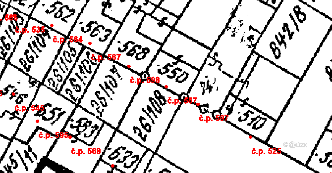 Kostice 557 na parcele st. 550 v KÚ Kostice, Katastrální mapa