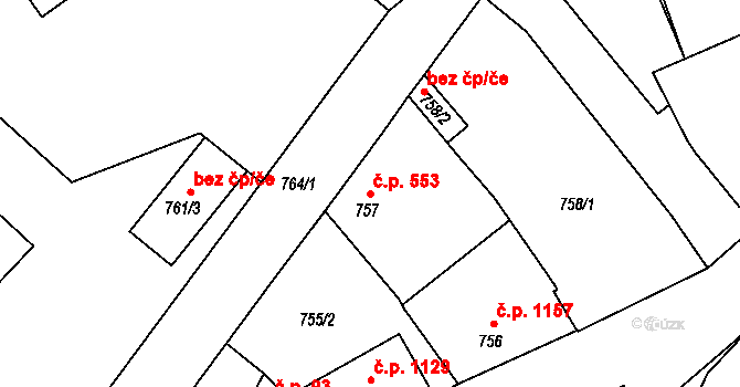 Valtice 553 na parcele st. 757 v KÚ Valtice, Katastrální mapa