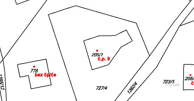 Hrabětice 9, Janov nad Nisou na parcele st. 205/1 v KÚ Janov nad Nisou, Katastrální mapa