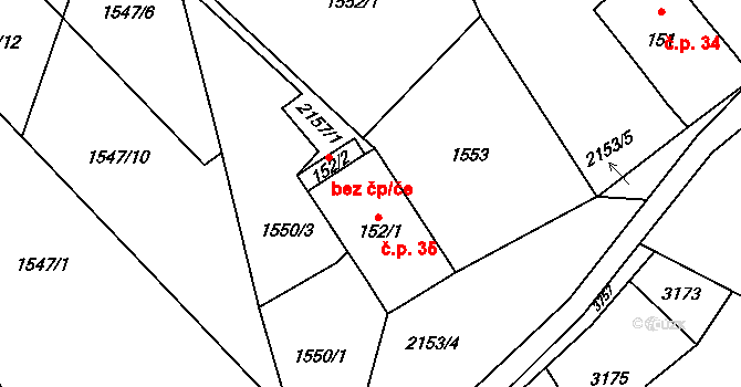 Huntířov 35, Skuhrov na parcele st. 152/1 v KÚ Skuhrov u Železného Brodu, Katastrální mapa