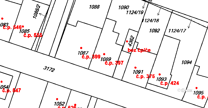 Čelákovice 397 na parcele st. 1089 v KÚ Čelákovice, Katastrální mapa