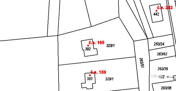 Hostěradice 165, Kamenný Přívoz na parcele st. 392 v KÚ Hostěradice, Katastrální mapa