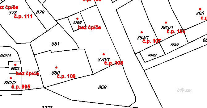 Doksy 108 na parcele st. 870/1 v KÚ Doksy u Máchova jezera, Katastrální mapa