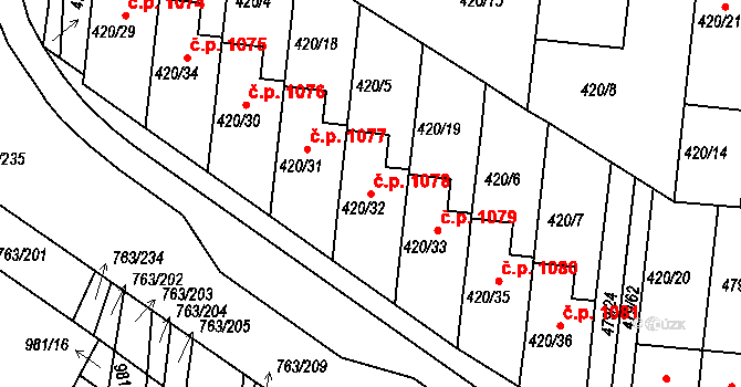 Ratíškovice 1078 na parcele st. 420/32 v KÚ Ratíškovice, Katastrální mapa