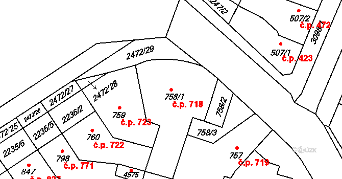 Kyjov 718 na parcele st. 758/1 v KÚ Kyjov, Katastrální mapa