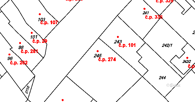 Šaratice 274 na parcele st. 245 v KÚ Šaratice, Katastrální mapa