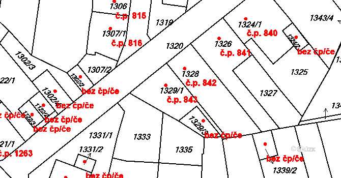 Tachov 843 na parcele st. 1329/1 v KÚ Tachov, Katastrální mapa