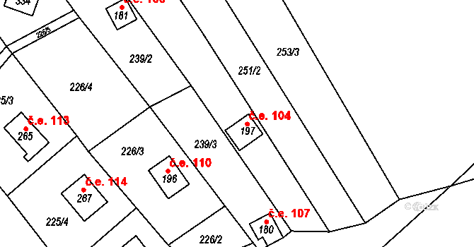 Chvalčov 104 na parcele st. 197 v KÚ Chvalčov, Katastrální mapa