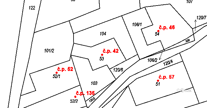 Nový Jáchymov 42 na parcele st. 53 v KÚ Nový Jáchymov, Katastrální mapa