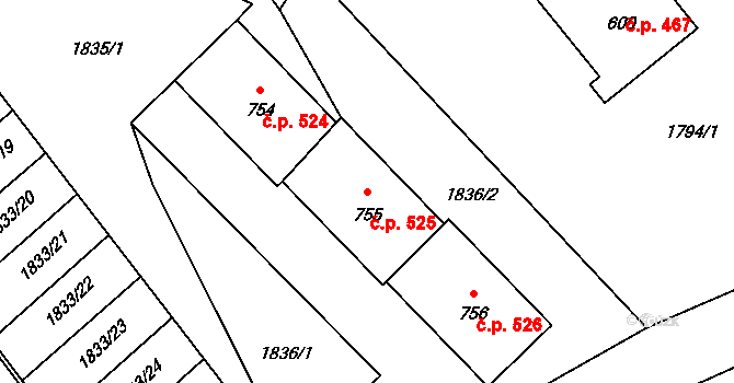 Skalice u České Lípy 525 na parcele st. 755 v KÚ Skalice u České Lípy, Katastrální mapa