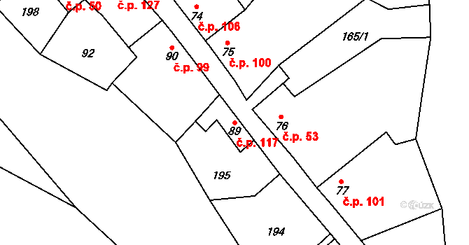 Brozany nad Ohří 117 na parcele st. 89 v KÚ Brozany nad Ohří, Katastrální mapa