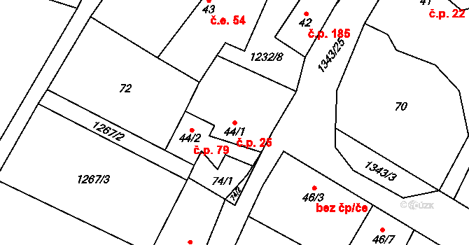 Mšené-lázně 25 na parcele st. 44/1 v KÚ Mšené-lázně, Katastrální mapa
