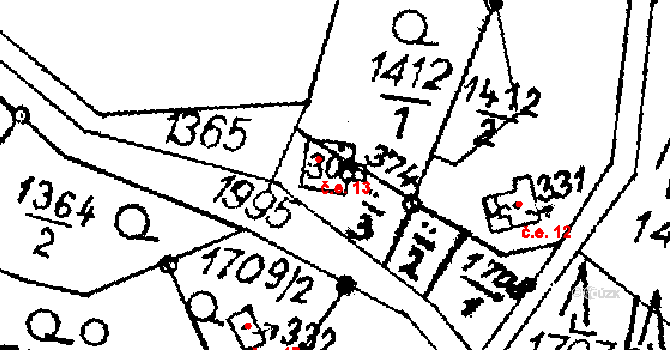 Lažany 13, Vyskeř na parcele st. 308 v KÚ Vyskeř, Katastrální mapa