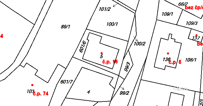 Bučina 16 na parcele st. 5 v KÚ Bučina, Katastrální mapa