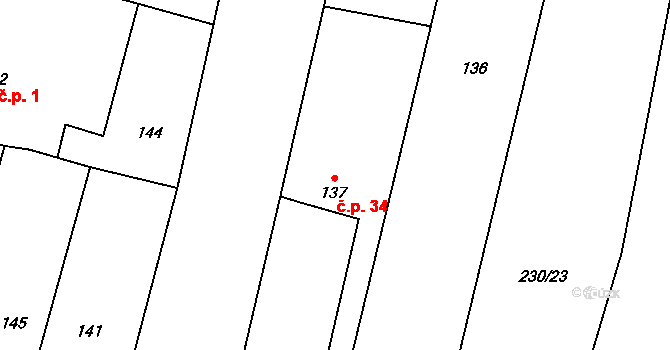 Rozkoš 34, Kostomlaty nad Labem na parcele st. 137 v KÚ Lány u Kostomlat nad Labem, Katastrální mapa