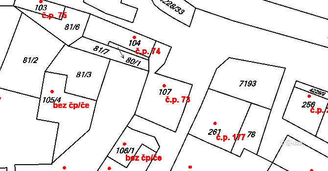 Mohelno 73 na parcele st. 107 v KÚ Mohelno, Katastrální mapa