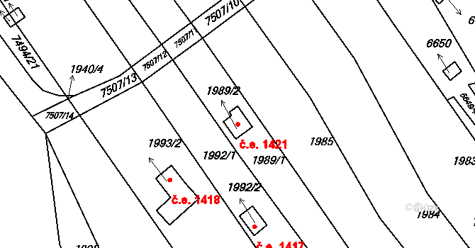 Bystrc 1421, Brno na parcele st. 1989/2 v KÚ Bystrc, Katastrální mapa