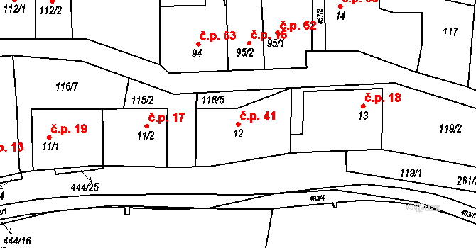 Křetín 41 na parcele st. 12 v KÚ Křetín, Katastrální mapa