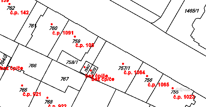 Teplice 1064 na parcele st. 757/1 v KÚ Teplice, Katastrální mapa
