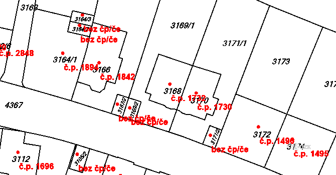 Teplice 1732 na parcele st. 3168 v KÚ Teplice, Katastrální mapa